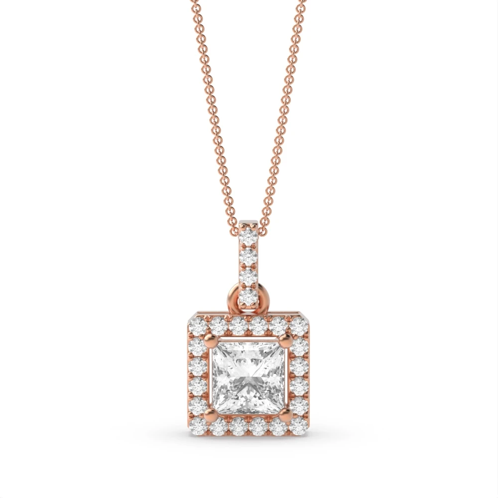 4 Prong Rose Gold Dangling Halo Pendant Necklaces