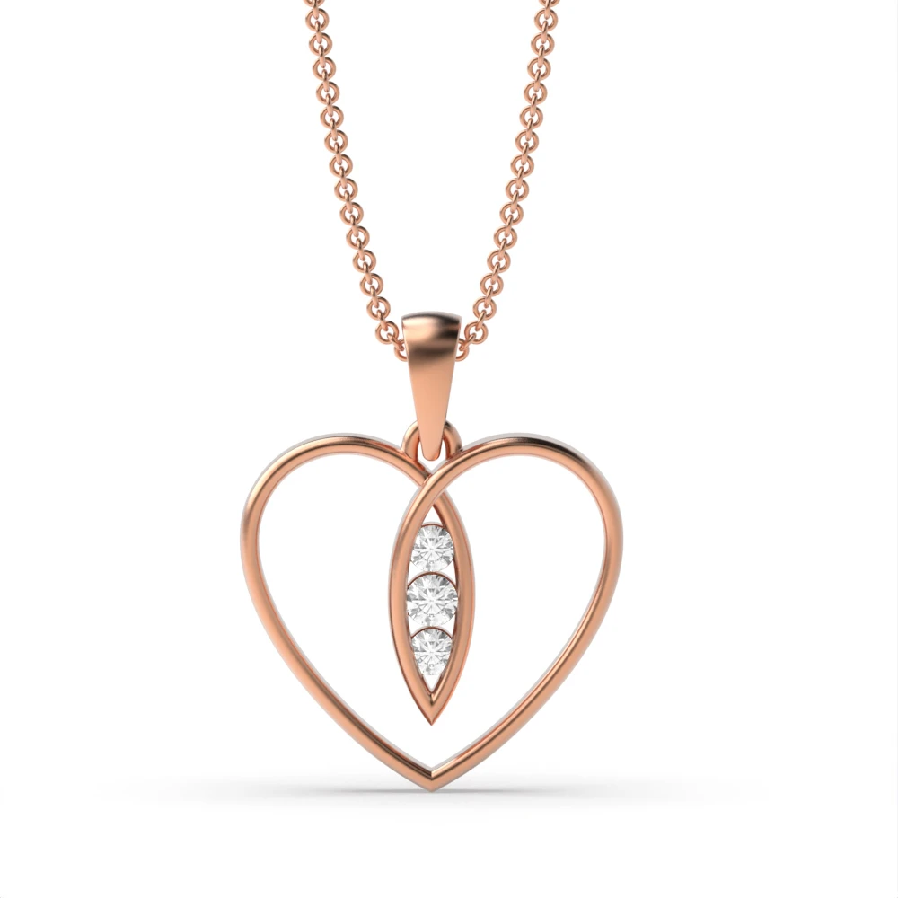 Channel Setting Rose Gold Three stone Heart Pendant Necklaces