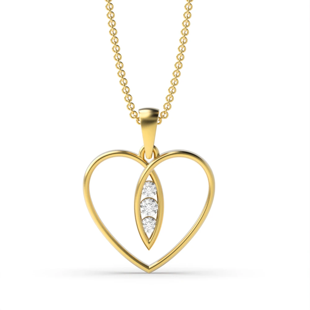 Channel Setting Yellow Gold Three stone Heart Pendant Necklaces