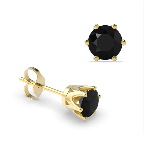 6 Prong Yellow Gold Crown Black Diamond Stud Earrings