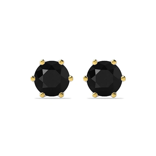 6 Prong Yellow Gold Crown Black Diamond Stud Earrings
