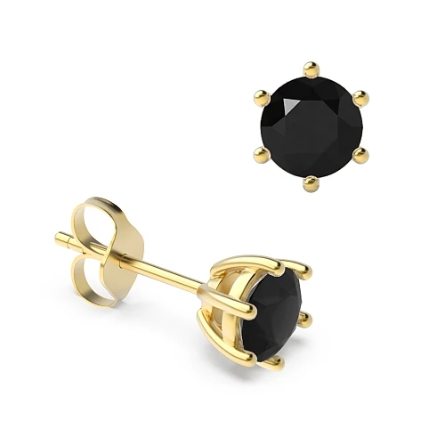 6 Prong Yellow Gold Promise Black Diamond Stud Earrings
