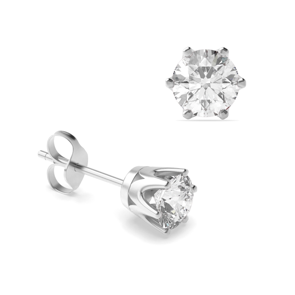 6 Prongs Setting Round Diamond White Gold Stud Earring
