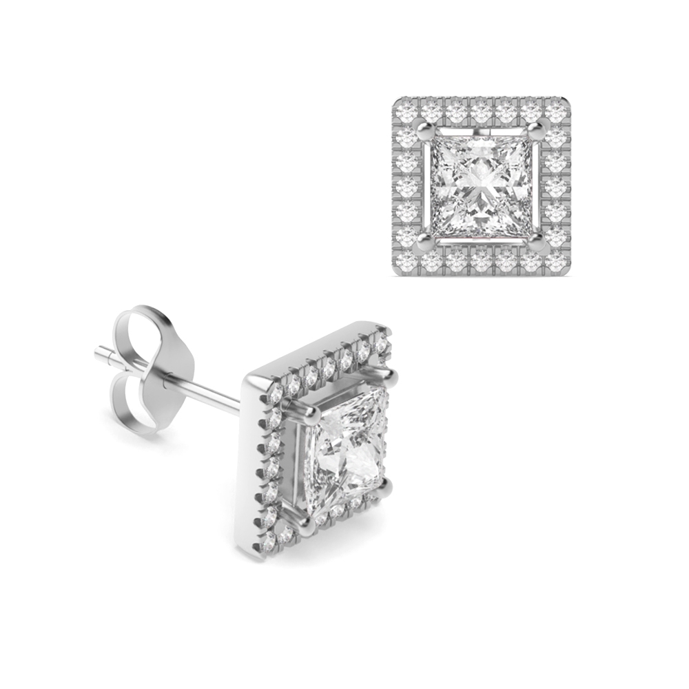 Princess Shape Diamond Halo Earrings Available in Rose, Yellow and White Gold
