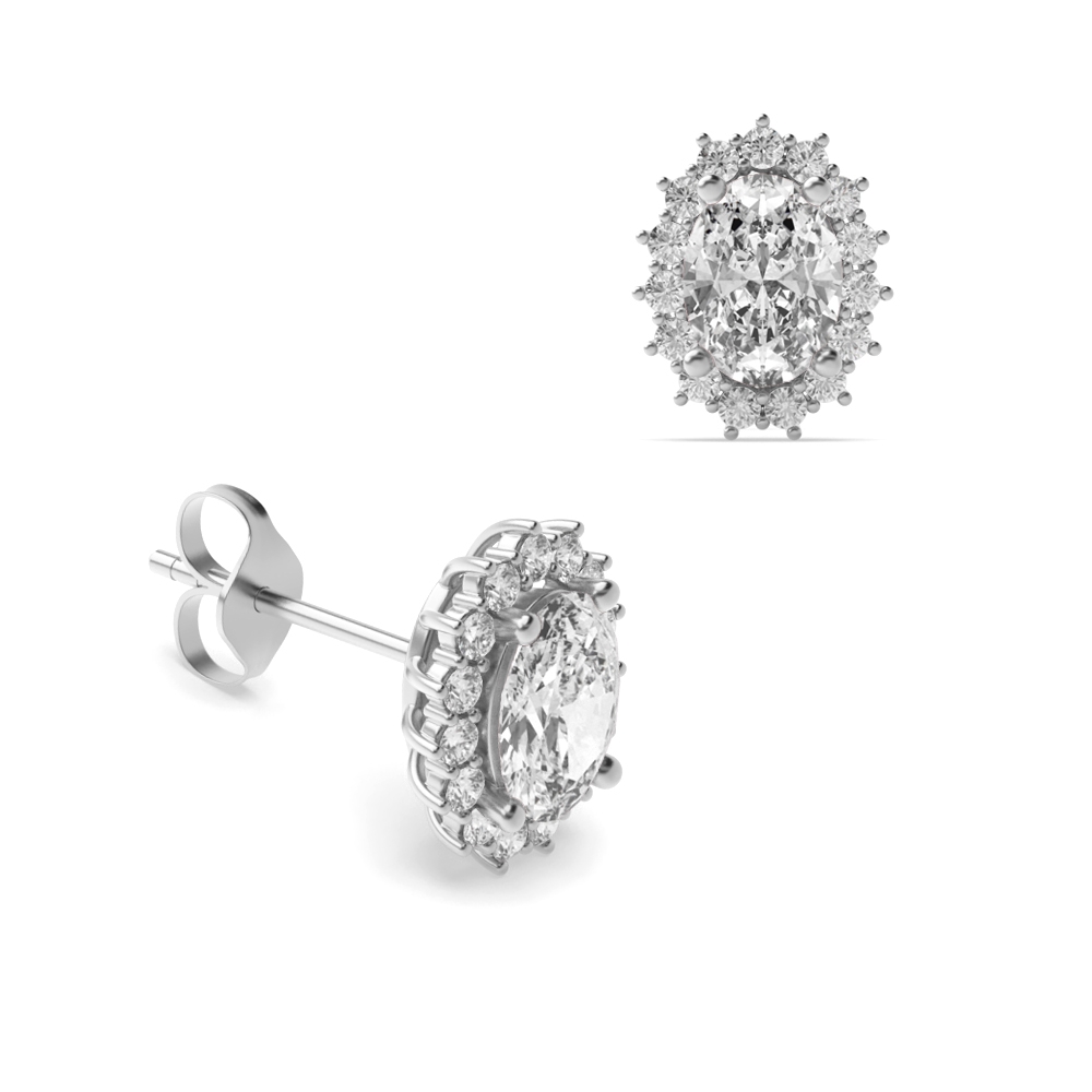 Prong Setting Oval Shape Halo Diamond Earrings Available in White, Yellow, Rose Gold and Platinum