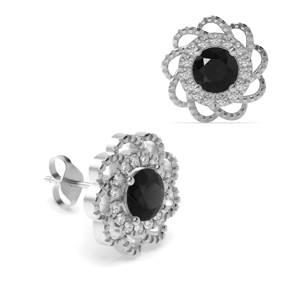 4 Prong Round Flower style Black Diamond Stud Earrings