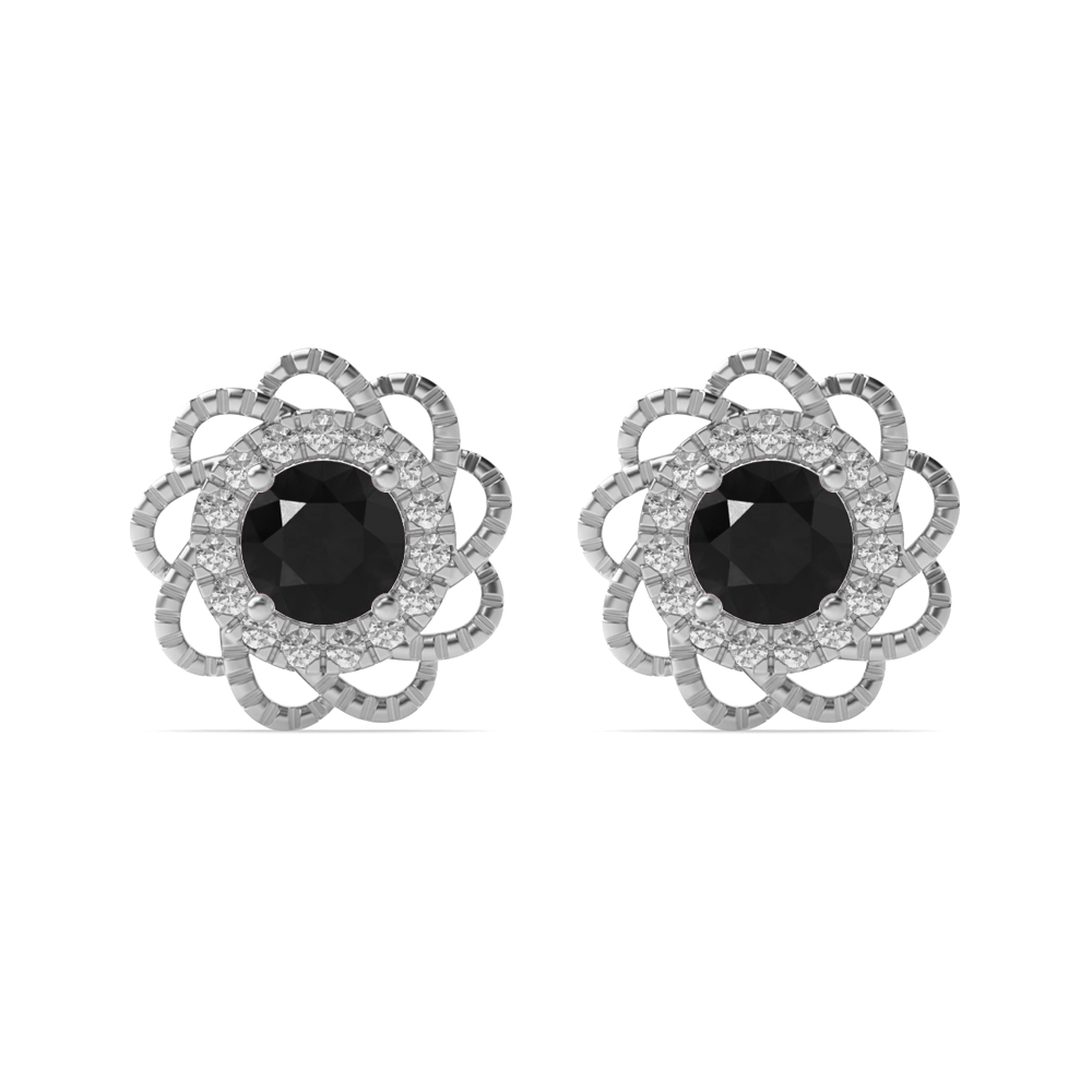 4 Prong Round Flower style Black Diamond Stud Earrings