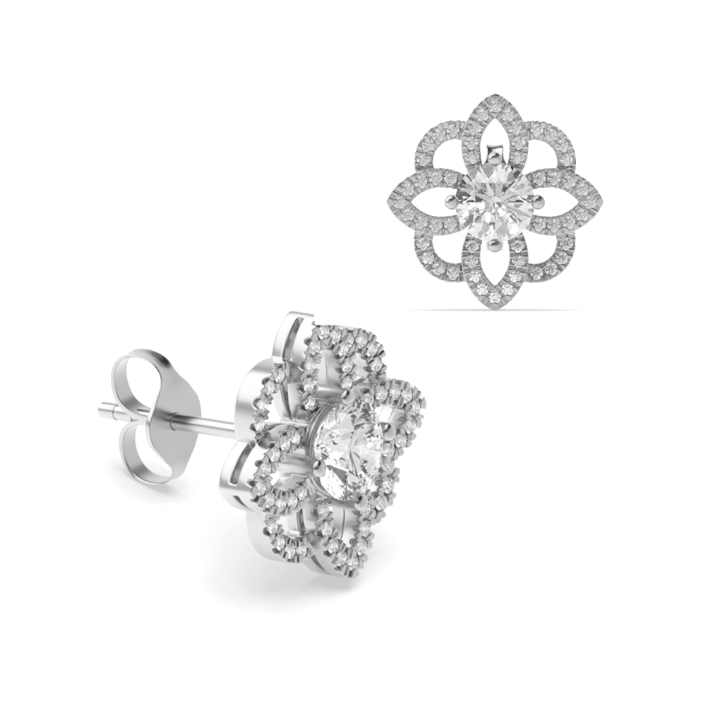 Round Diamond designer Halo Diamond Earrings Available in Rose, White, Yellow Gold and Platinum