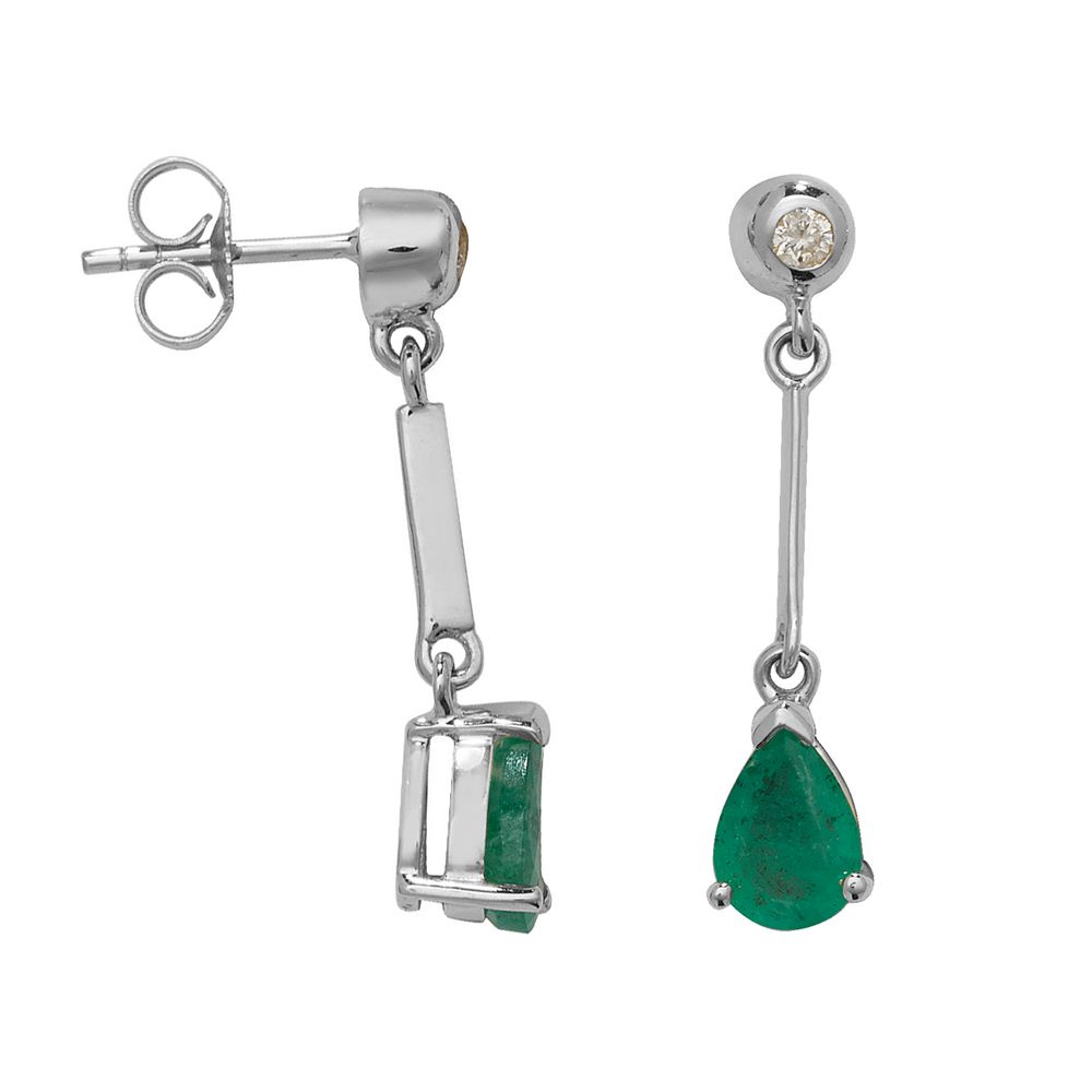 Pear Shape Long Bar Drop 7 X 5mm Emerald Gemstone Earrings