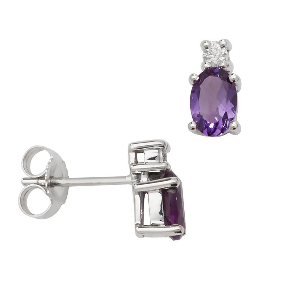 Oval Shape Diamond and 6 X 4mm Amethyst Gemstone Earrings