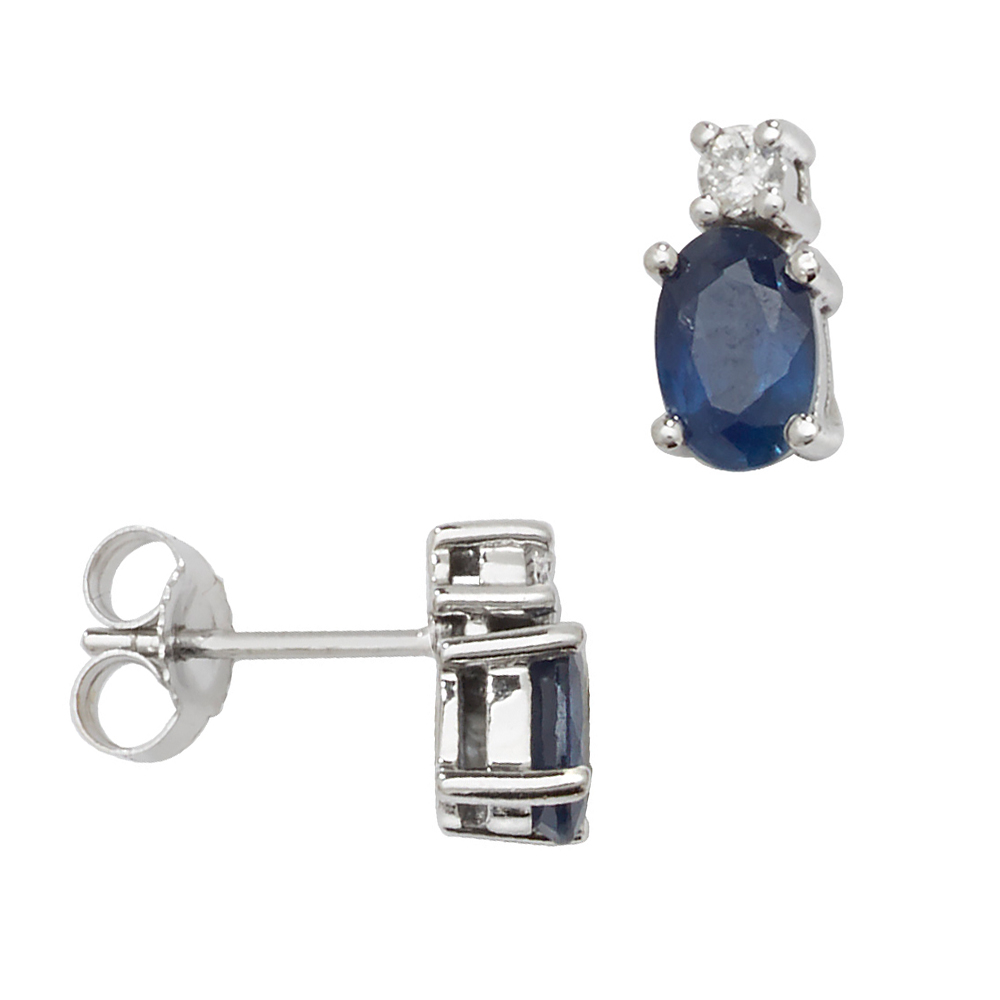 Oval Shape Diamond and 6 X 4mm Blue Sapphire Gemstone Earrings
