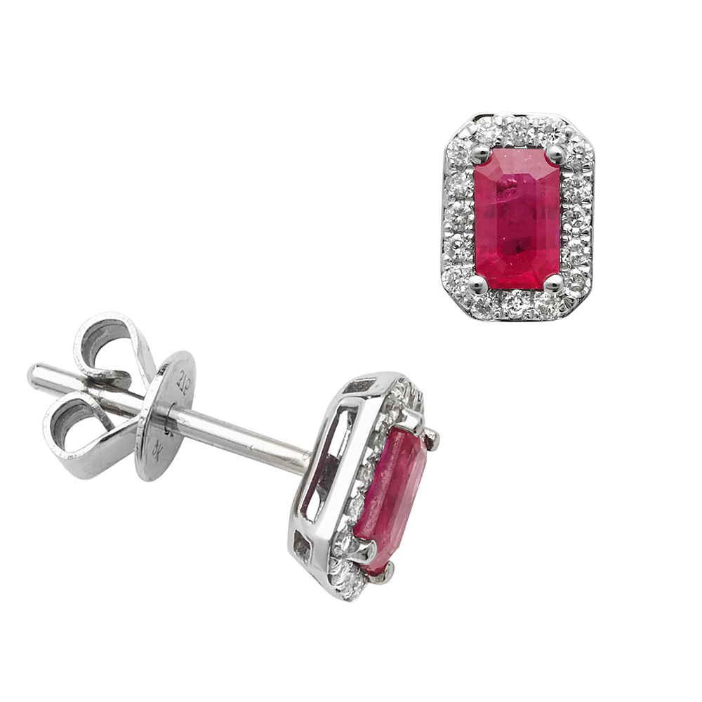 Rectangular Shape Halo Diamond and Ruby Gemstone Earrings