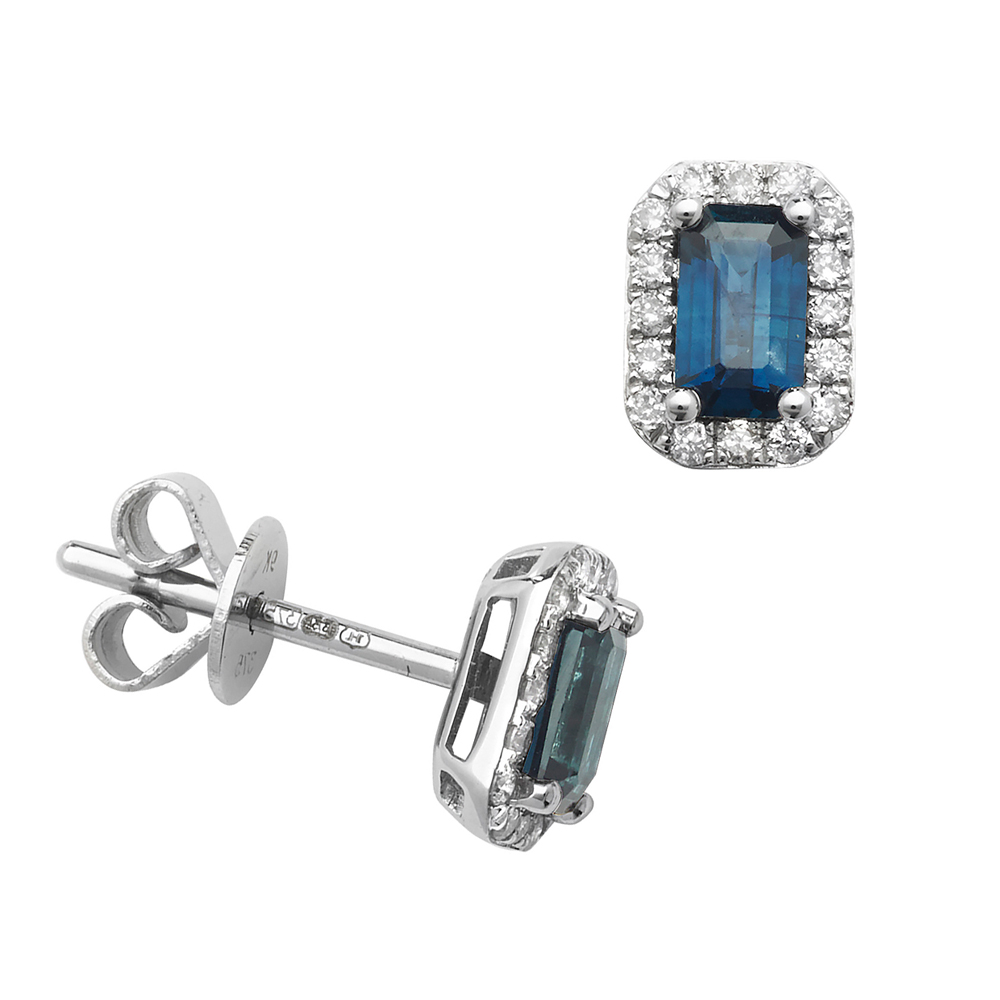 Rectangular Shape Halo Diamond and Blue Sapphire Gemstone Earrings
