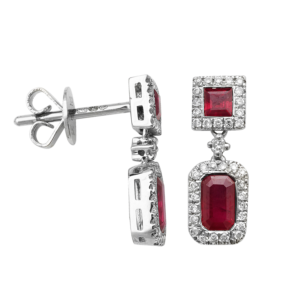 Rectangular Shape Halo Drop Diamond and Ruby Gemstone Earrings