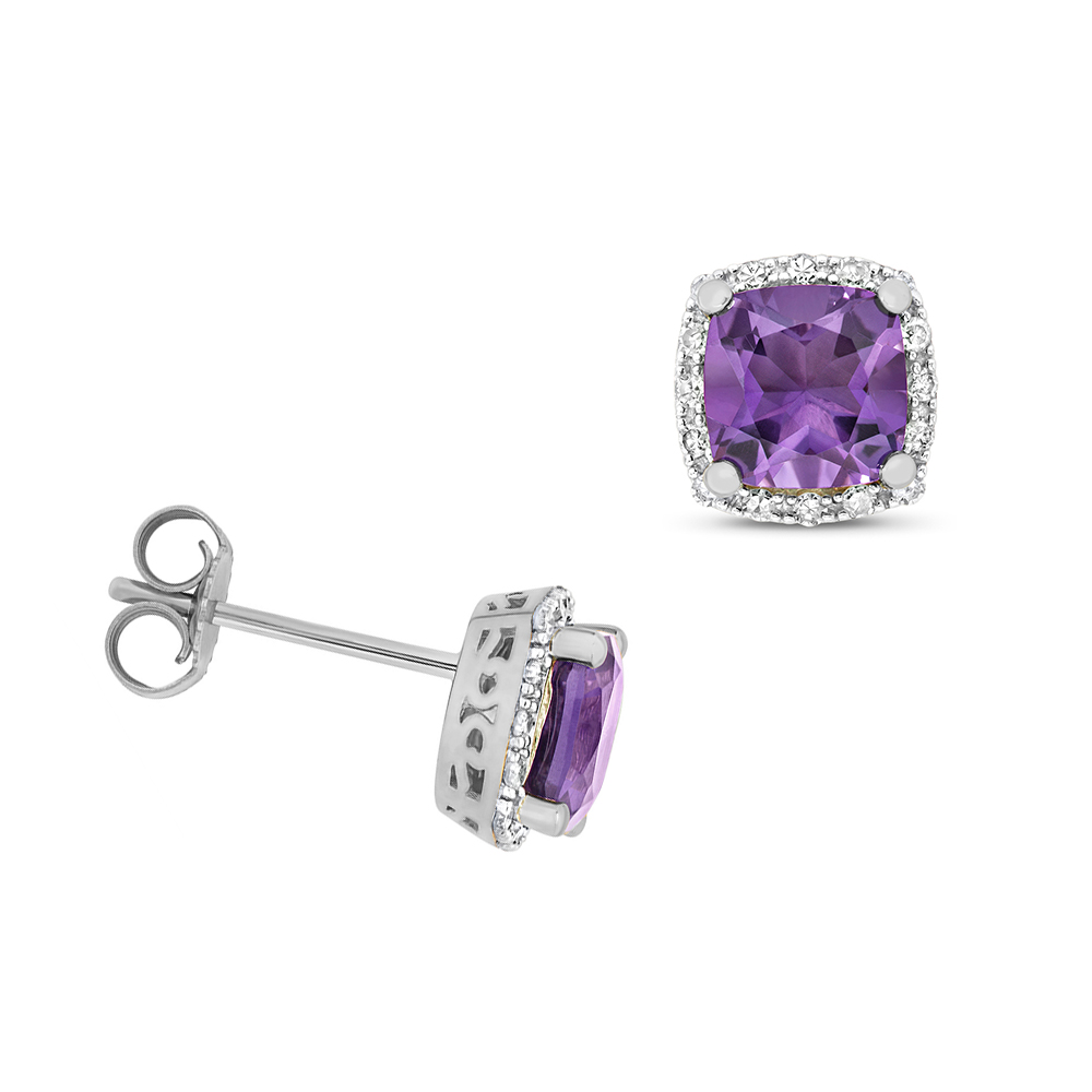 Cushion Shape Halo Diamond and 6.0mm Amethyst Gemstone Earrings
