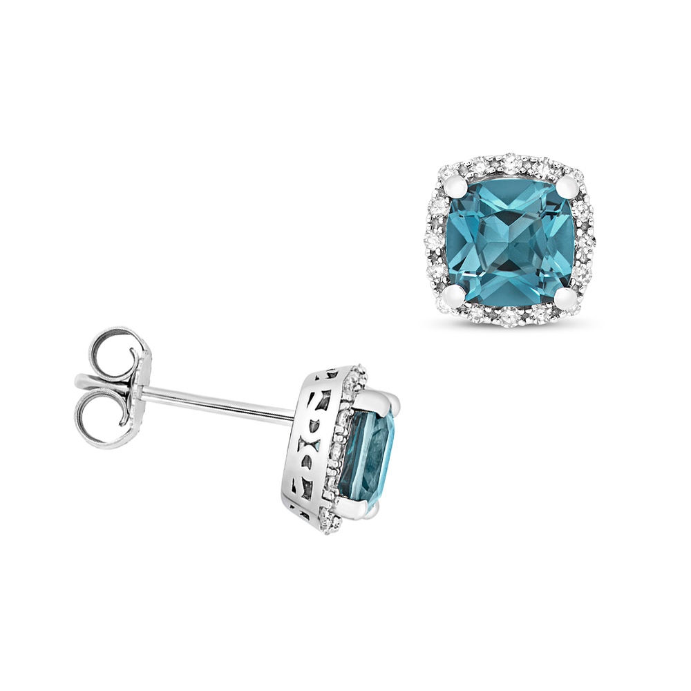 Cushion Shape Halo Diamond and 6.0mm Blue Topaz Gemstone Earrings