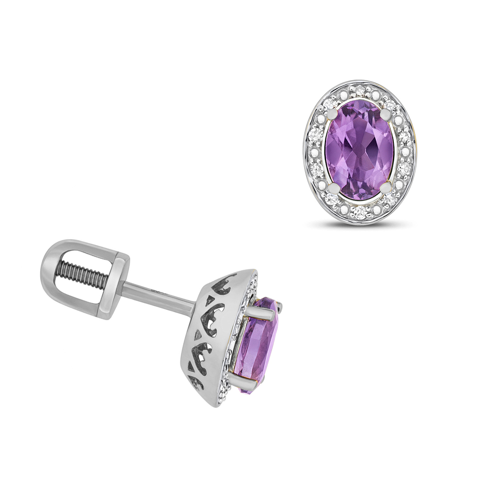 Oval Shape Halo Diamond and 6 X 4mm Amethyst Gemstone Earrings
