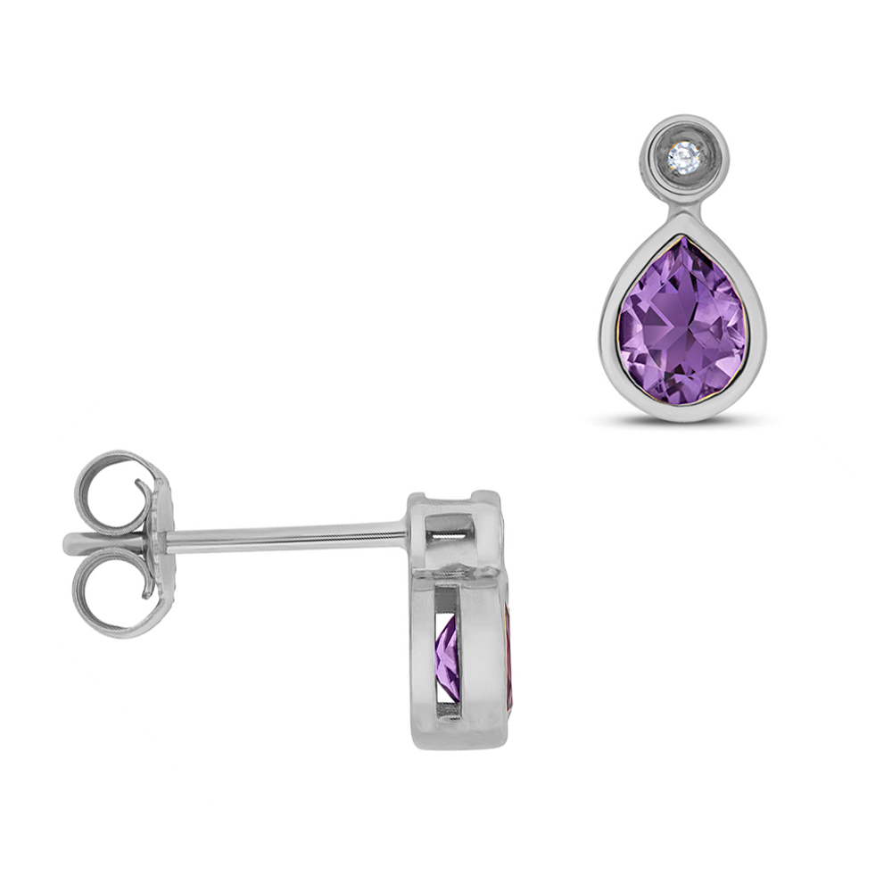 Pear Shape Drop Diamond and 5 X 4mm Amethyst Gemstone Earrings