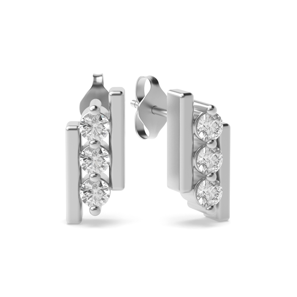 Channel Setting Round Shape Triple Stone Stack Designer Diamond Stud Earrings (7.0mm X 3.0mm)