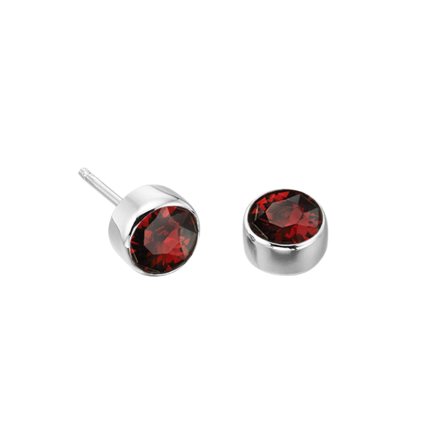 bezel setting round shape garnet birthstone earring