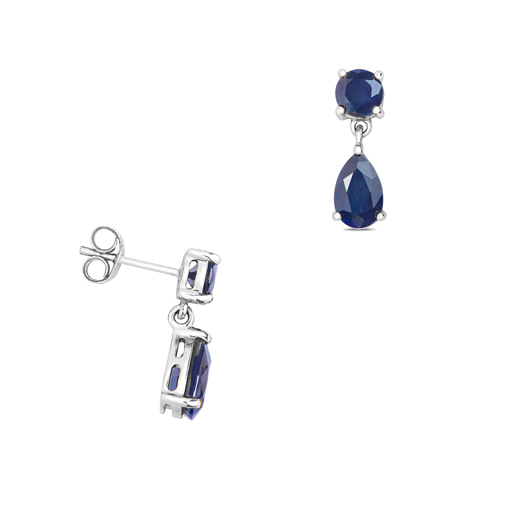 prong setting pear and round shape blue sapphire gemstone dangling earring