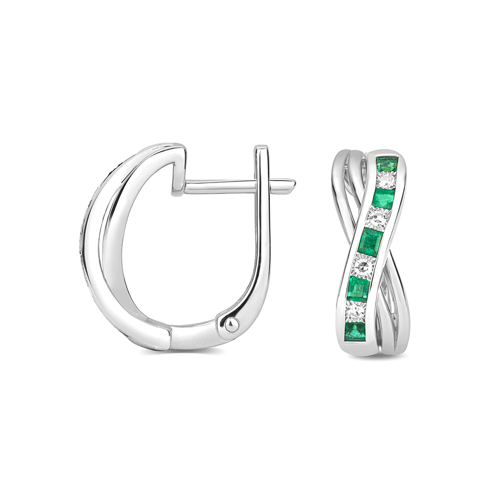 channel setting princess shape emerald gemstone and side stone earring