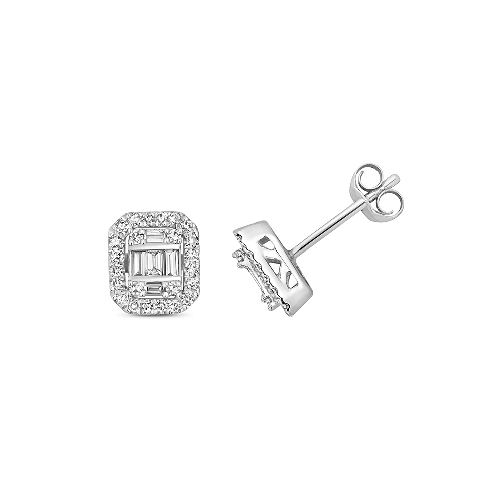 channel setting emerald and round shape diamond stud earring