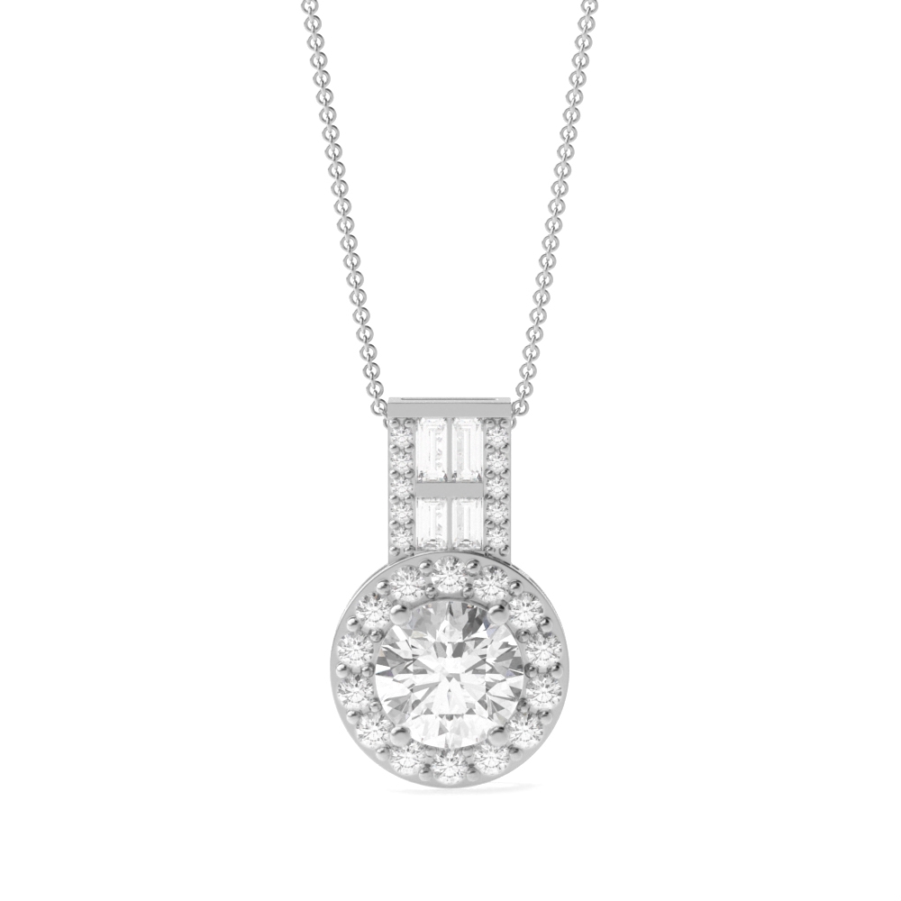 Baguette Set Bale Round Shape Halo Diamond Necklace
