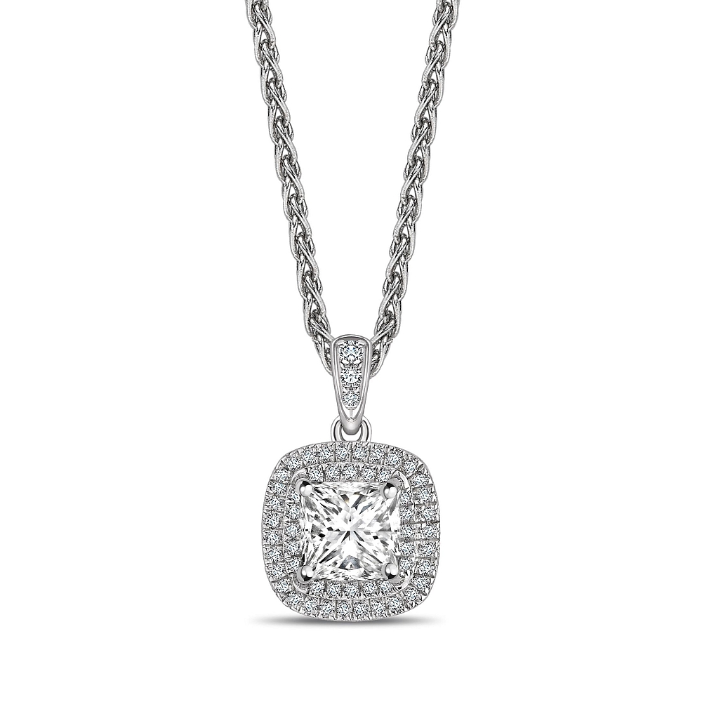 Double Row Dangling Princess Shape Halo Diamond Necklace