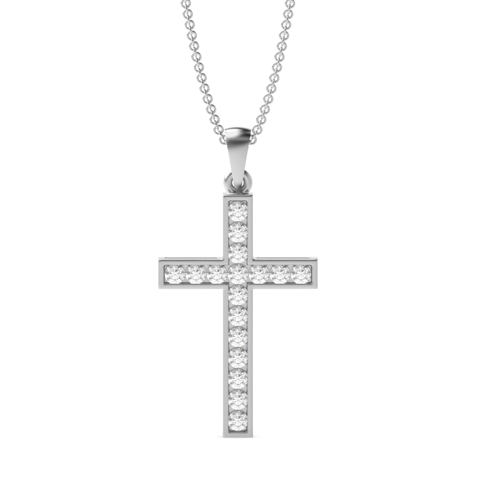Channel Setting Round Diamond Platinum &amp; Gold Cross Necklace(24.3mm X 12.7mm)