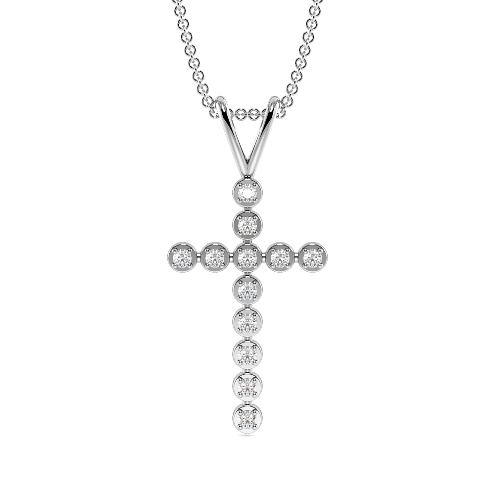 4 Prong Round  Diamond Cross Necklace in Gold &amp; Platinum(24.2mm X 11.5mm)