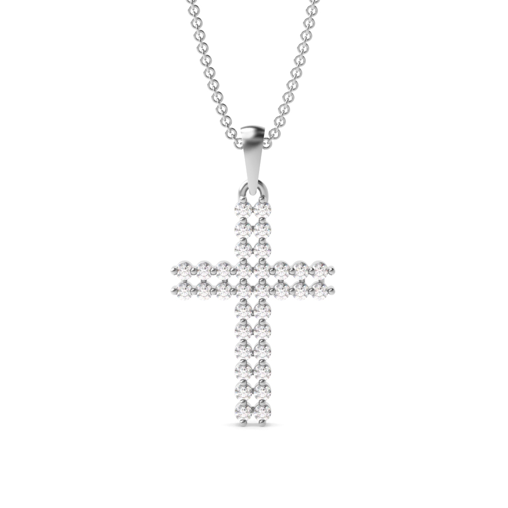 2 Prong Round Two Row Diamond Platinum &amp; Gold Cross Necklace(15.5mm X 10.6mm)