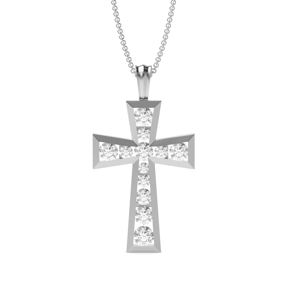 Channel Setting Round Shape Elegant Diamond Cross Necklace  (19.10mm X 9.30mm)