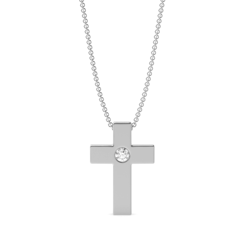 Flush Set Minimalist Single Diamond Cross Pendant Necklace (14.90mm X 10.30mm)