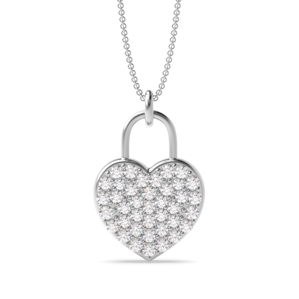 Pave Setting Lock Design Gold &amp; Platinum Diamond Heart Necklace (16.60mm X 10.40mm)