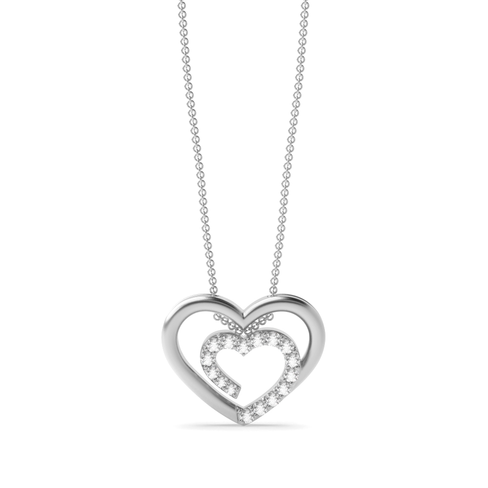 Pave Setting Diamond Double Heart Necklace in Gold and Platinum (11.80mm X 14.50mm)