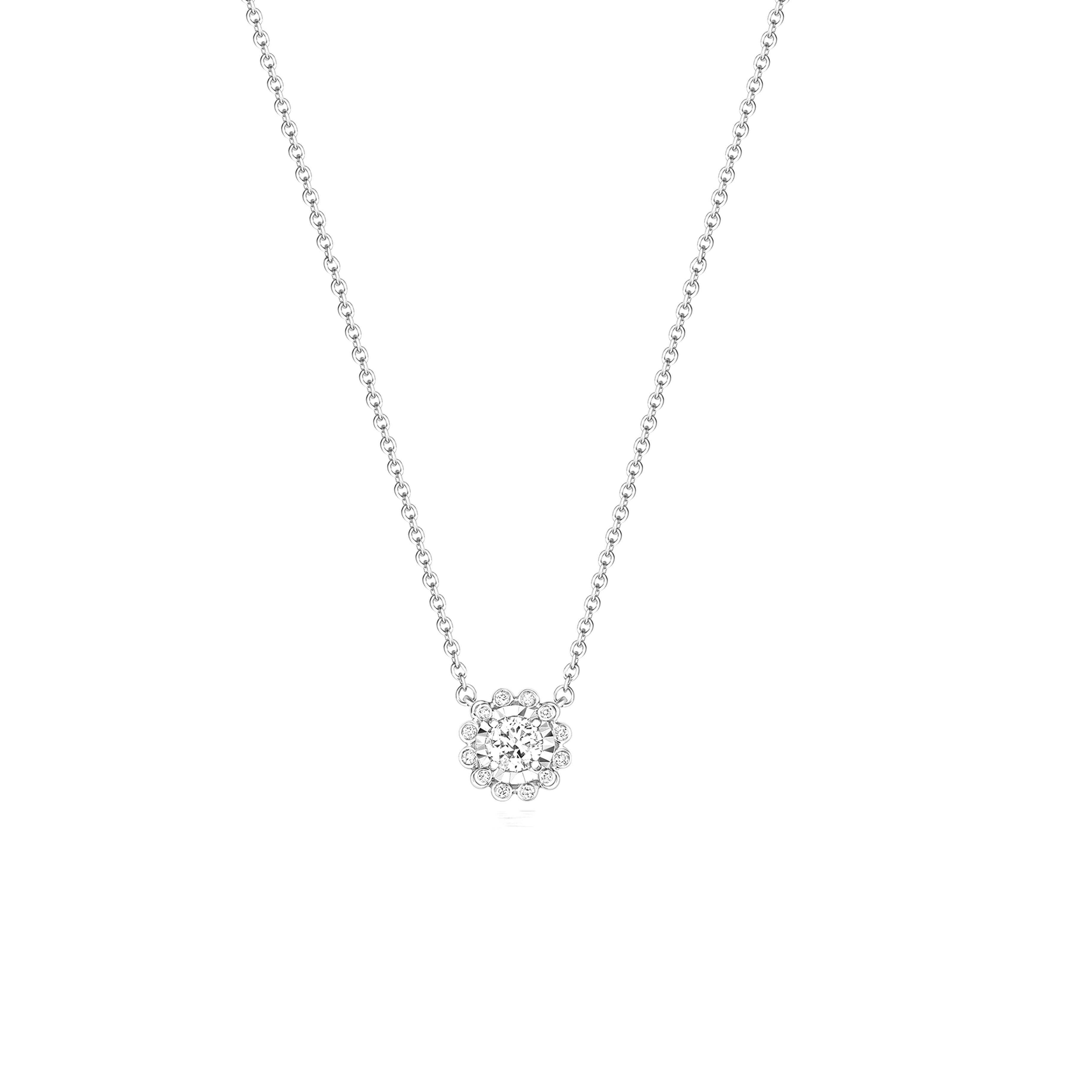 bezel and prong setting halo solitaire round diamond necklace