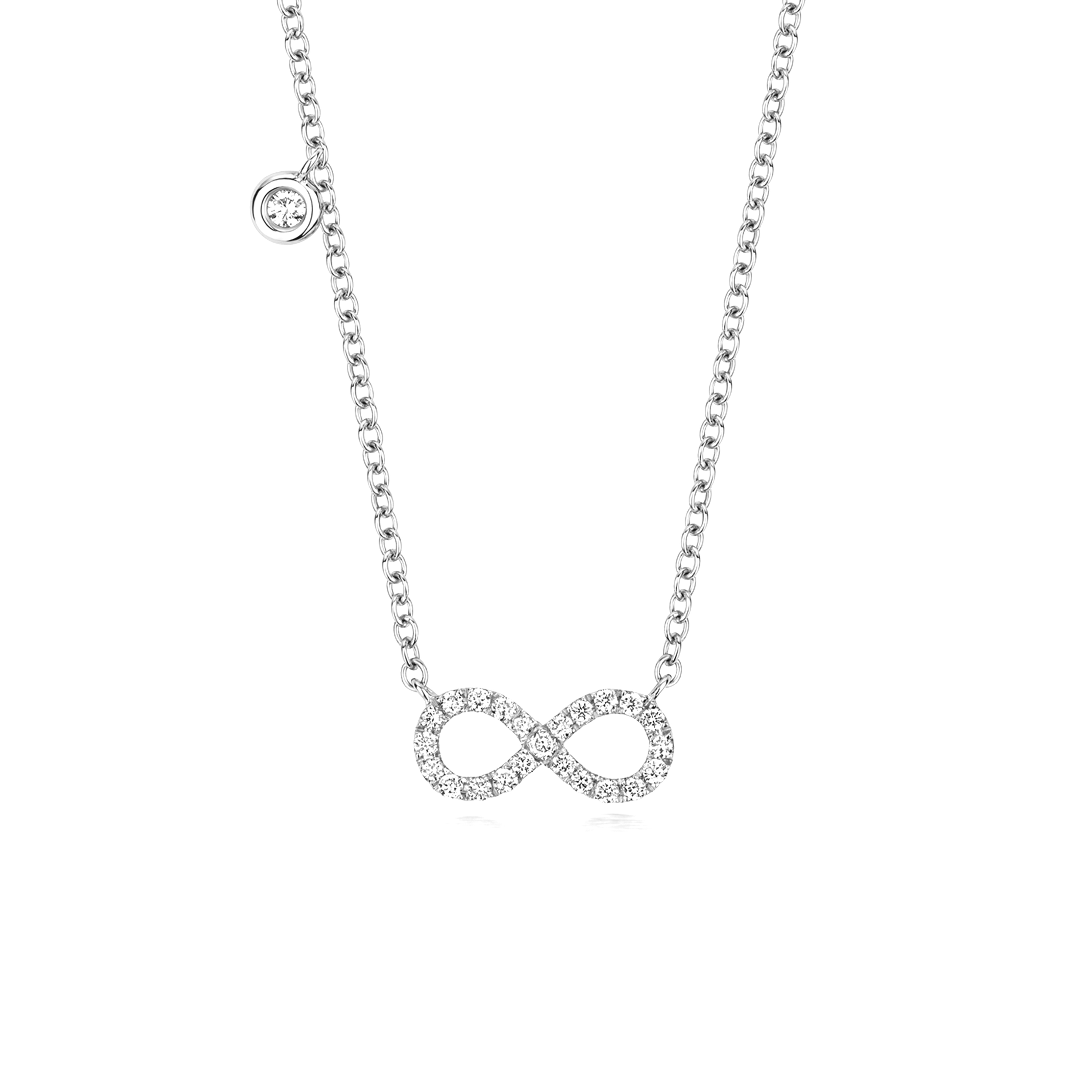 prong setting infinity shaped round diamond necklace pendant