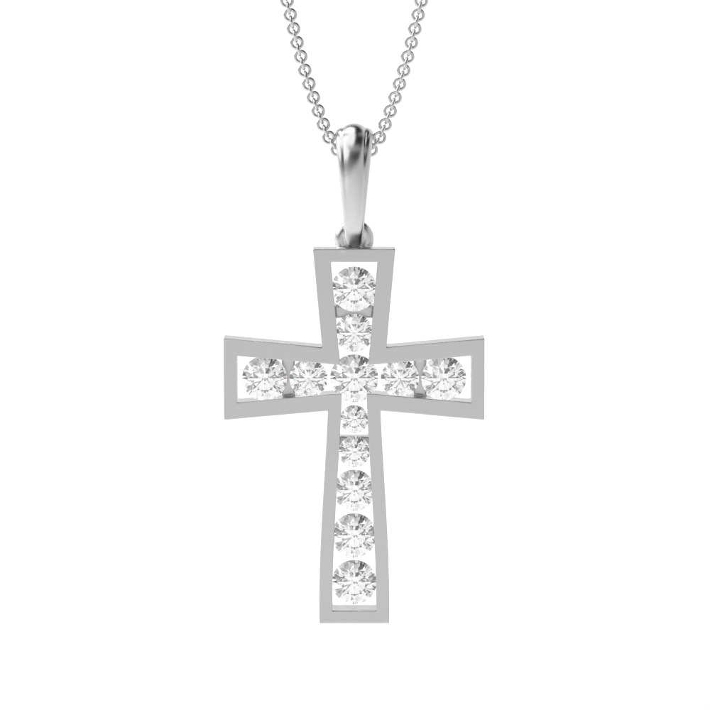 channel setting enhances the beauty of round diamond cross pendant