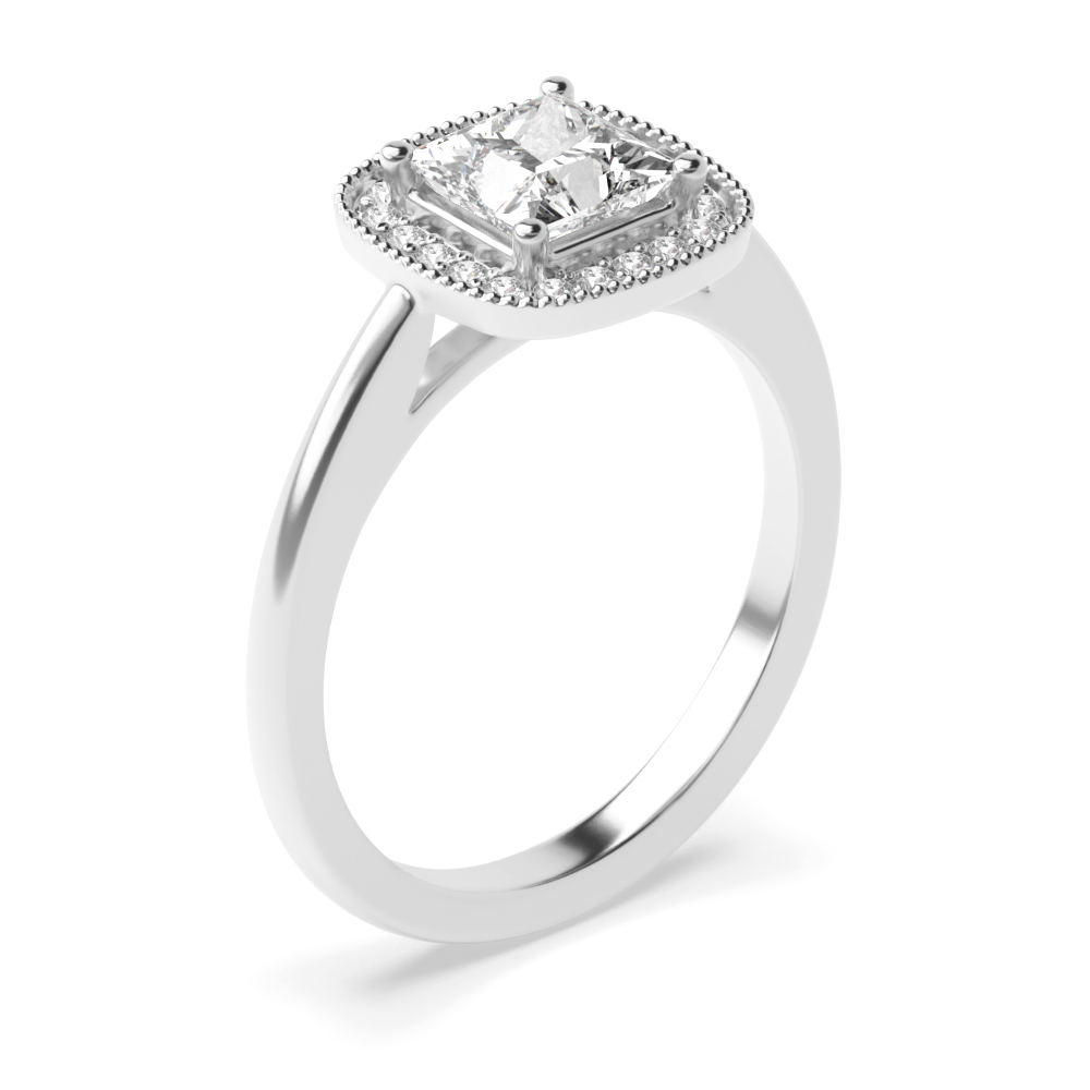 Prong Setting Princess Shape Miligrain Edge Halo Diamond Engagement Rings