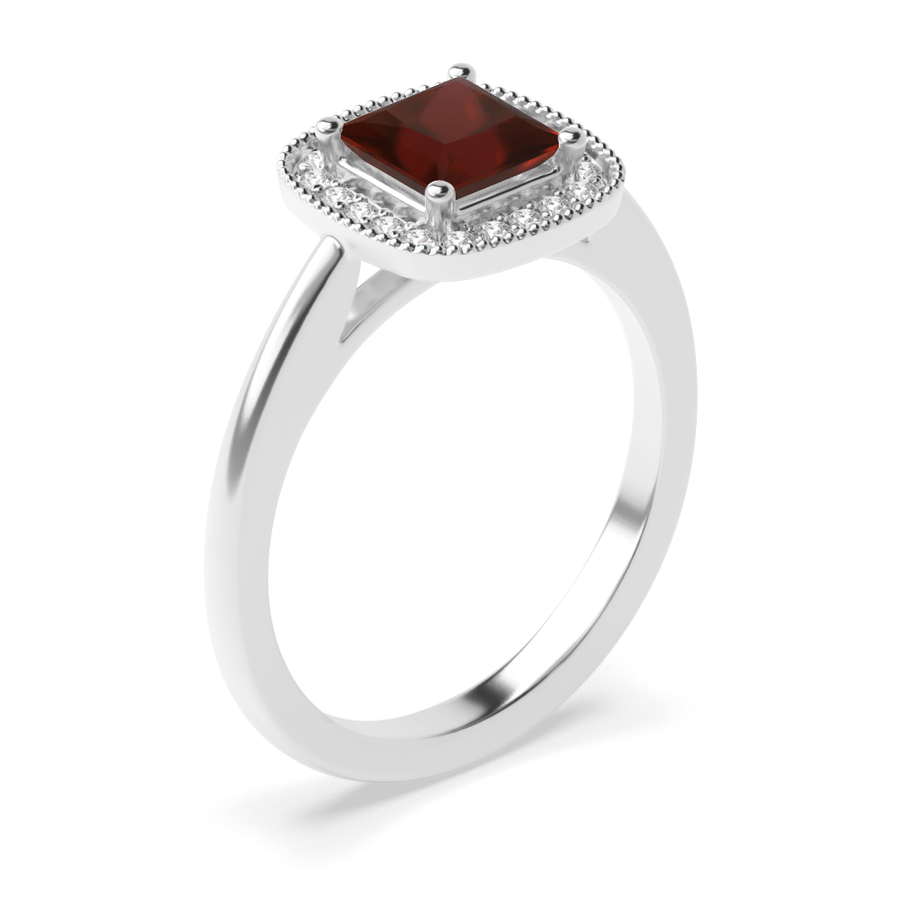 4 Prong Princess Miligrain edge Garnet Halo Engagement Ring