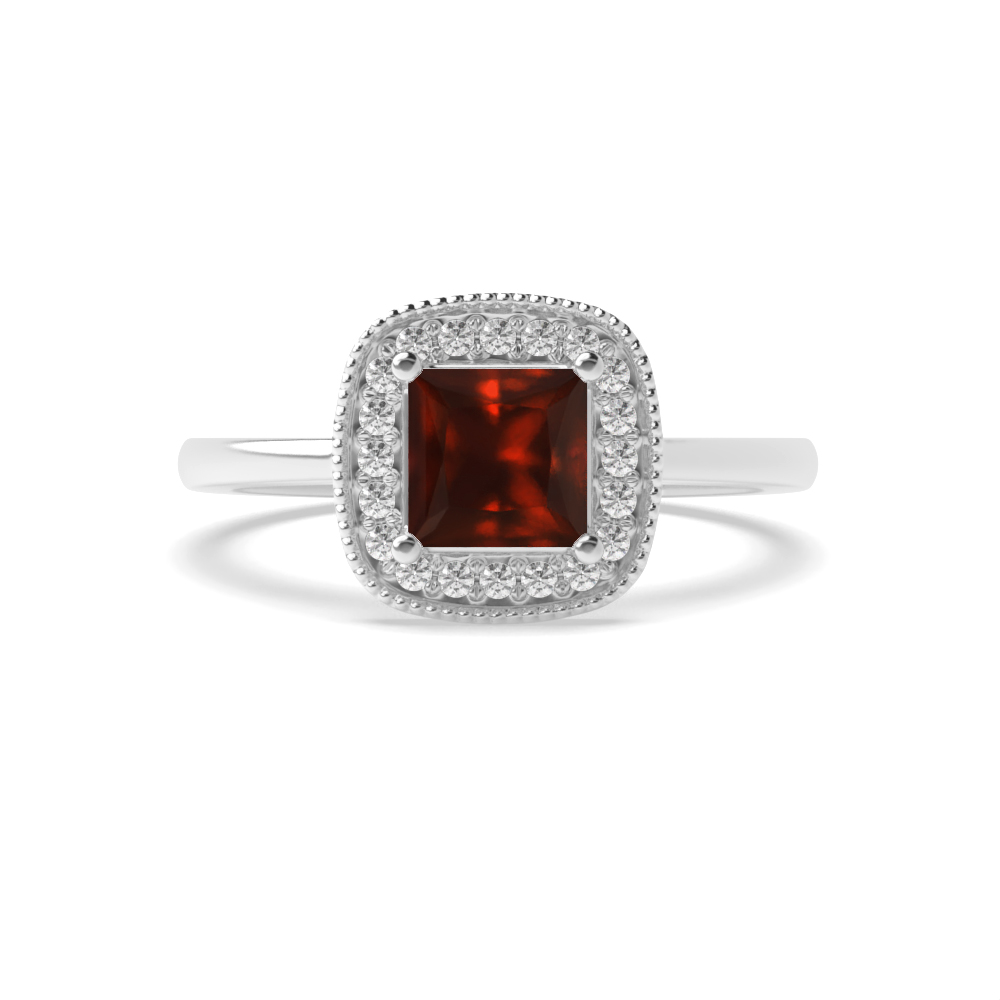 4 Prong Princess Miligrain edge Garnet Halo Engagement Ring