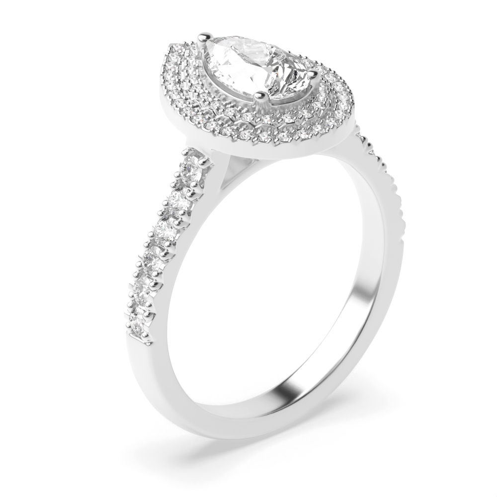 3 Prong Setting Pear Shape 2 Row Halo Diamond Engagement Rings