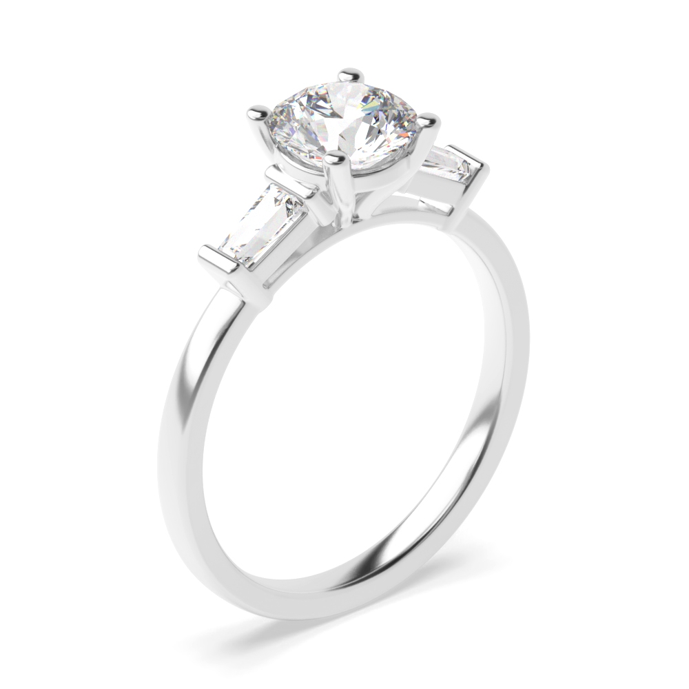 Round Shape And Tapered Baguette on Side Diamond Engagement Rings