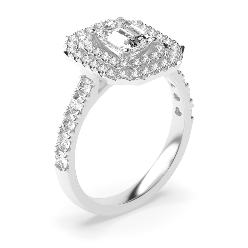 4 Prong Setting Radiant Shape two Row Halo Diamond Engagement Rings