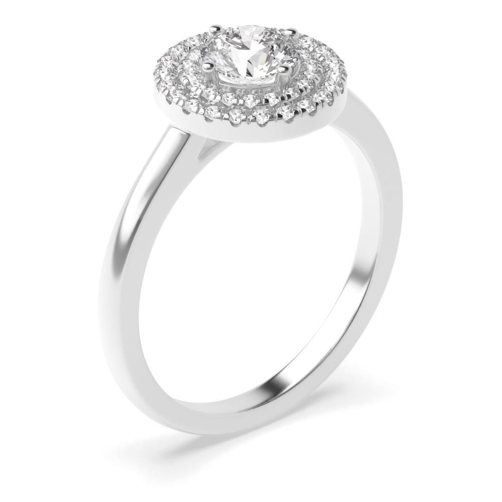 4 Prong Setting Round Shape two Row Plain Shoulder Halo Diamond Engagement Rings