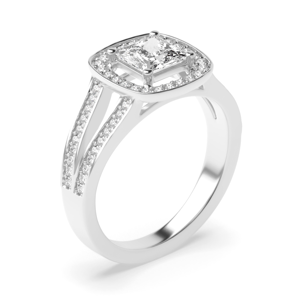 4 Prong Setting Princess Shape Split Band Halo Diamond Engagement Rings