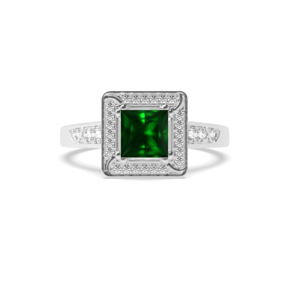 4 Prong Princess Designer halo Emerald Wedding Band