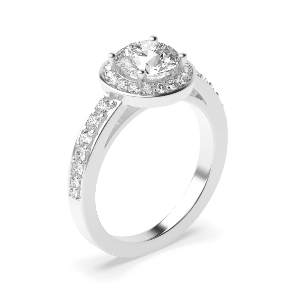 4 Prong Setting Round Shape Tapering Up Shoulder Halo Diamond Engagement Rings