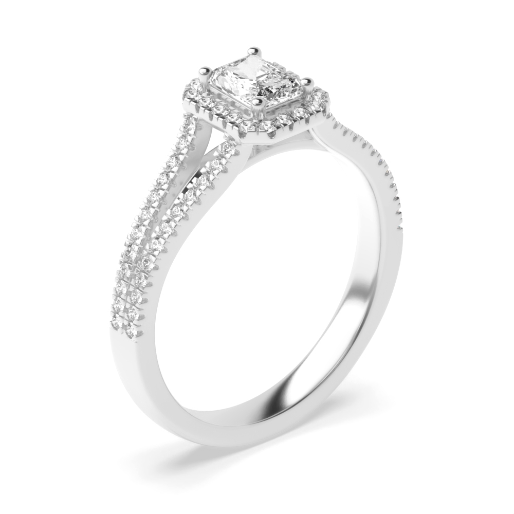 4 Prong Setting Radiant Shape 2 Row Shoulder Halo Diamond Engagement Rings